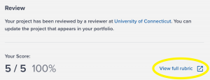 Portfolium: Event journal has been scored, emphasizing link to view full rubric