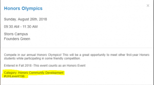 Event calendar entry for Honors Olympics. At the bottom, the text "Category: Honors Community Development" and "#UHLevent196" is highlighted.