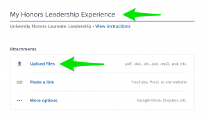 Portfolium Leadership project with arrows pointing to the new title and the Upload Files link.