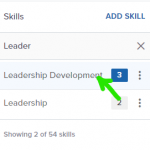 Portfolium screenshot: Skills search box showing "Leadership Development" highlighted