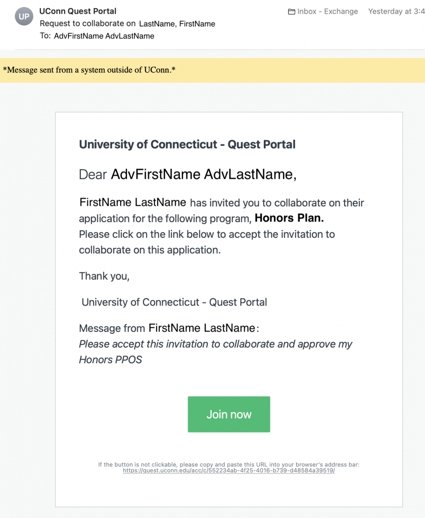 Email from Quest to Honors Advisor when advisor added as collaborator